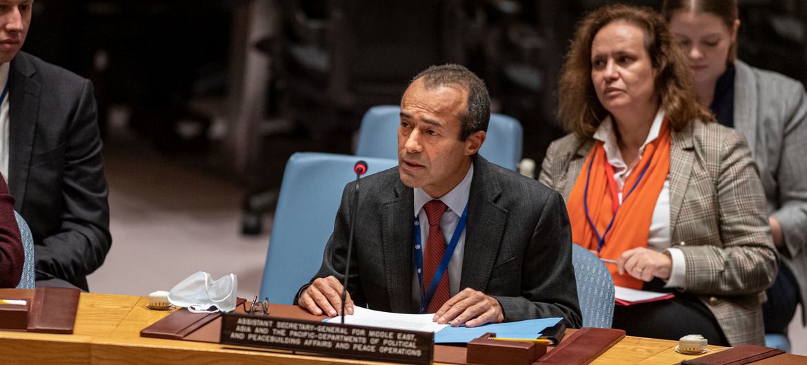 Khaled Khiari, Assistant Secretary-General for Middle East, Asia and the Pacific in the Departments of Political and Peacebuilding Affairs and Peace Operations, briefs the UN Security Council meeting on Non-proliferation and the Democratic People’s Repu